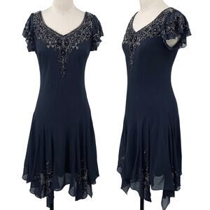 JKARA Beaded Bias Cut Midi Dress Hanky Hem Sheer Flutter Sleeves Black Gray 6